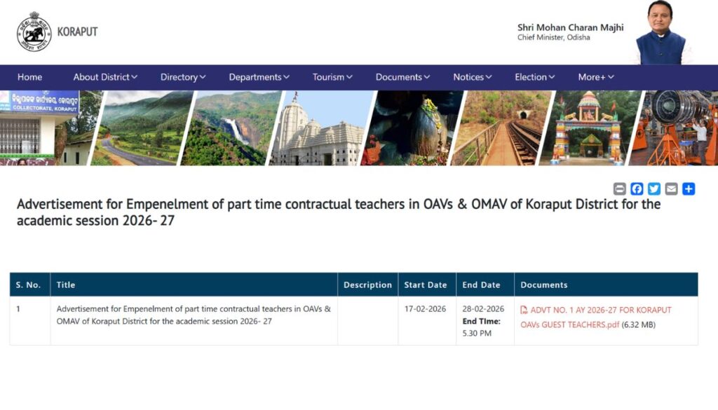 Koraput District Guest Teacher Recruitment 2026 for OAV & OMAV Schools