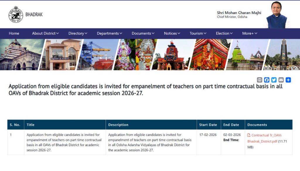 OAV Bhadrak Contractual Teacher Recruitment 2026  TGT & PGT Vacancy