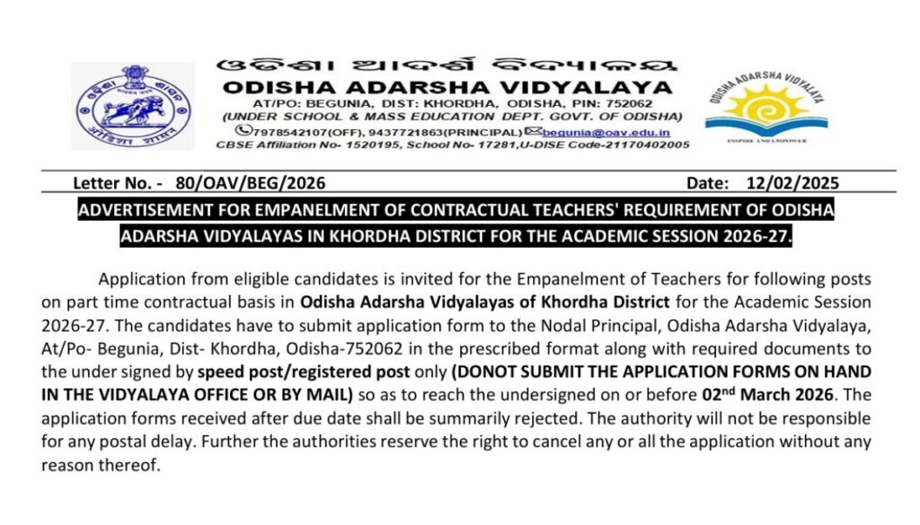Odisha Adarsha Vidyalaya Khordha Contractual Teacher Recruitment 2026 –27