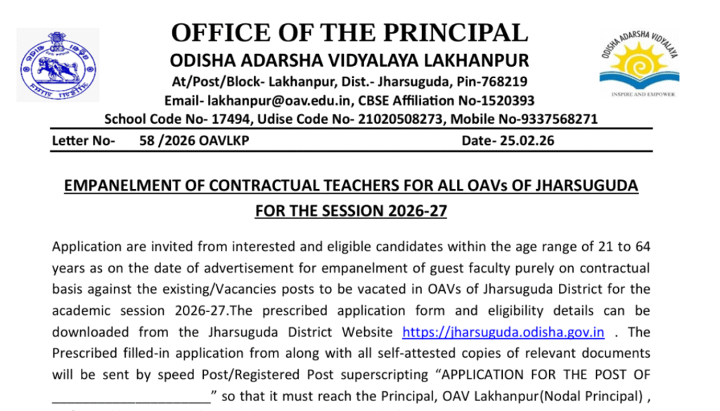Jharsuguda OAV Guest Teacher Recruitment 2026 PGT & TGT Vacancies