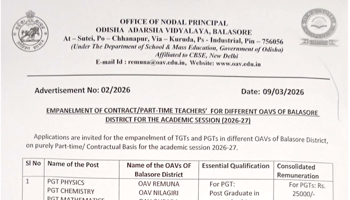 OAV Balasore PGT TGT Recruitment 2026 Part-Time Teacher Walk-in