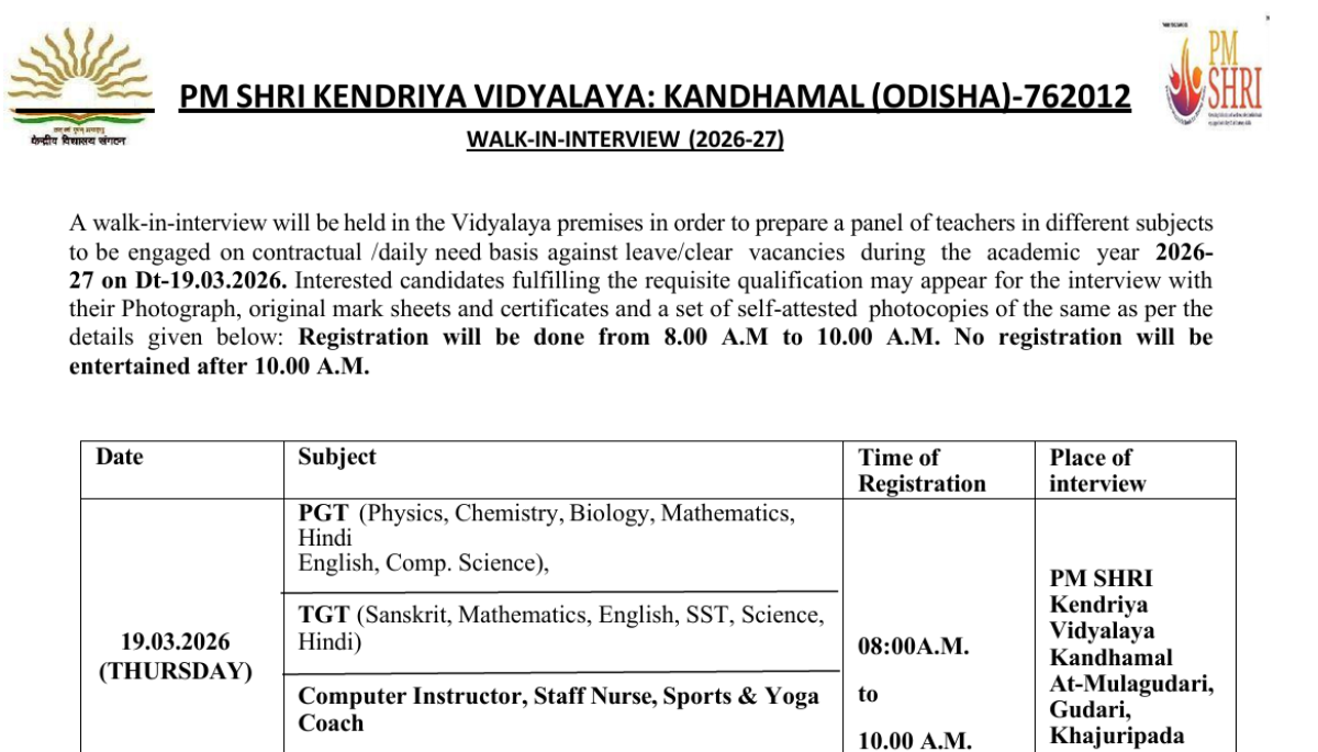 PM SHRI Kendriya Vidyalaya Kandhamal Walk-in Interview 2026