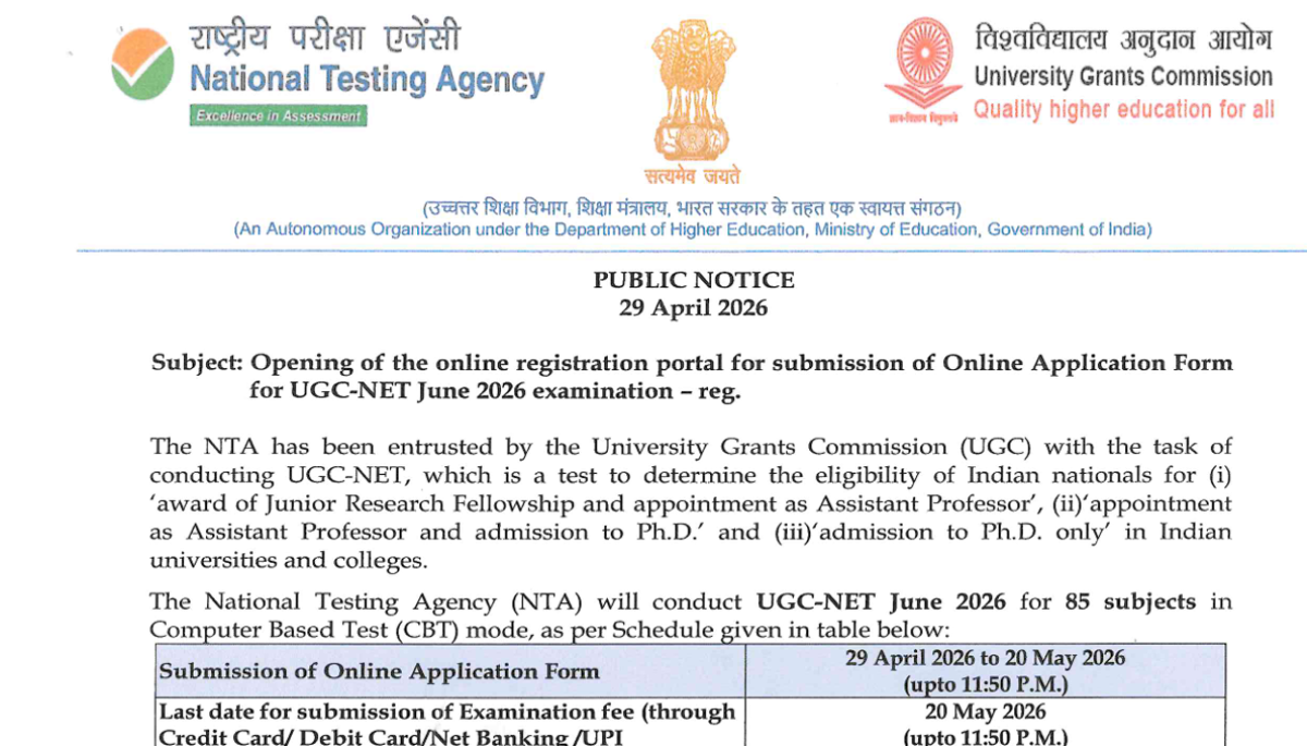 UGC NET JUNE 2026 Registration Started – Check Exam Dates, Fees & Apply Link
