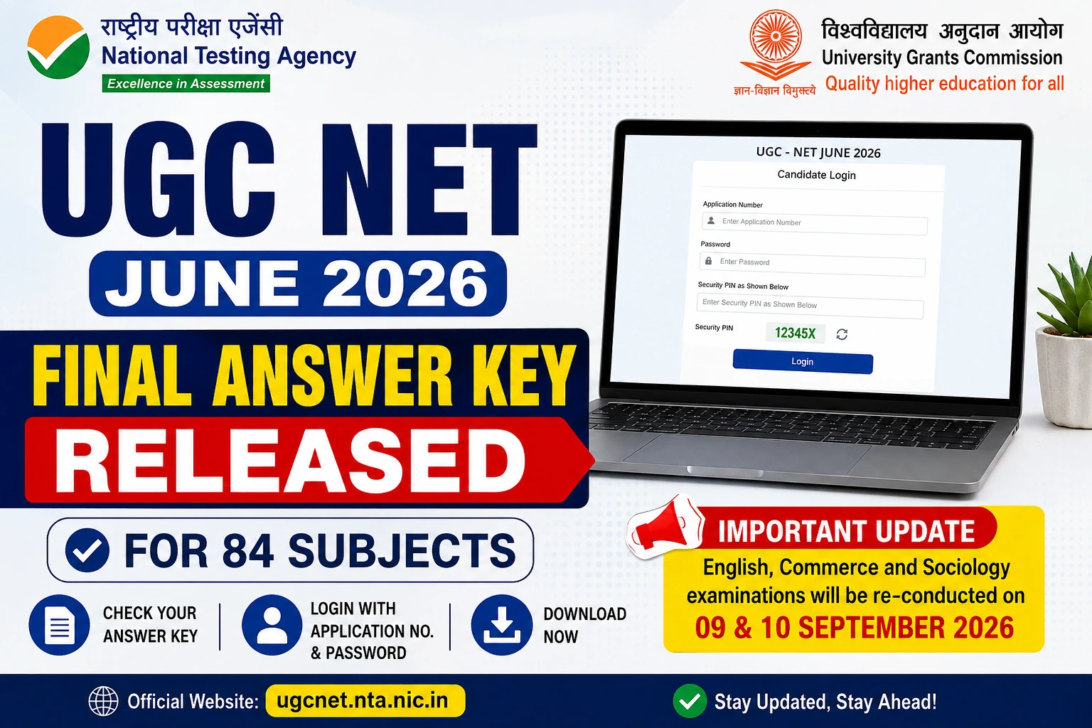 UGC NET June 2026 Final Answer Key Released for 84 Subjects